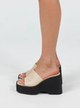 Sandals Faux leather material Single wide upper Chunky platform base Square toe Padded footbed
