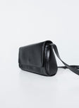 Black shoulder bag Faux leather material Removable & adjustable shoulder strap Magnetic button fastening Single internal pocket External card slip at back