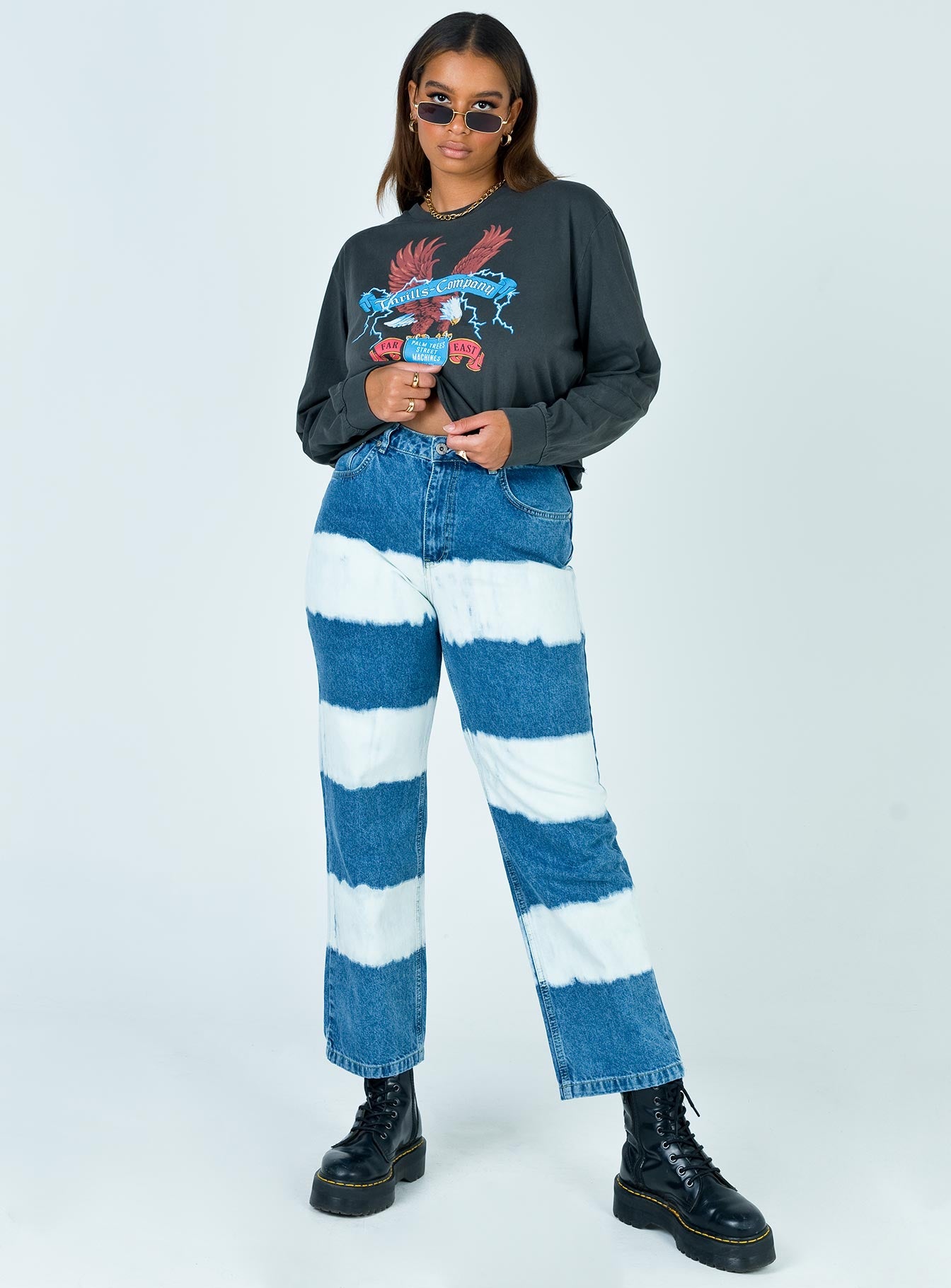 The Ragged Priest Mid Blue Dad Jeans With White Bleach