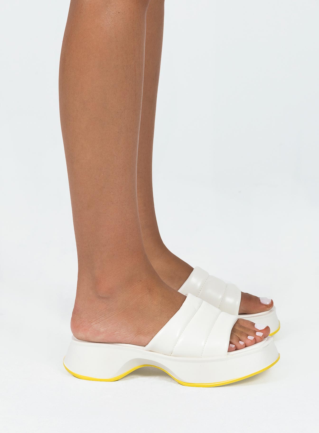 Sandals Faux leather material Single wide upper Square toe Padded footbed Chunky style