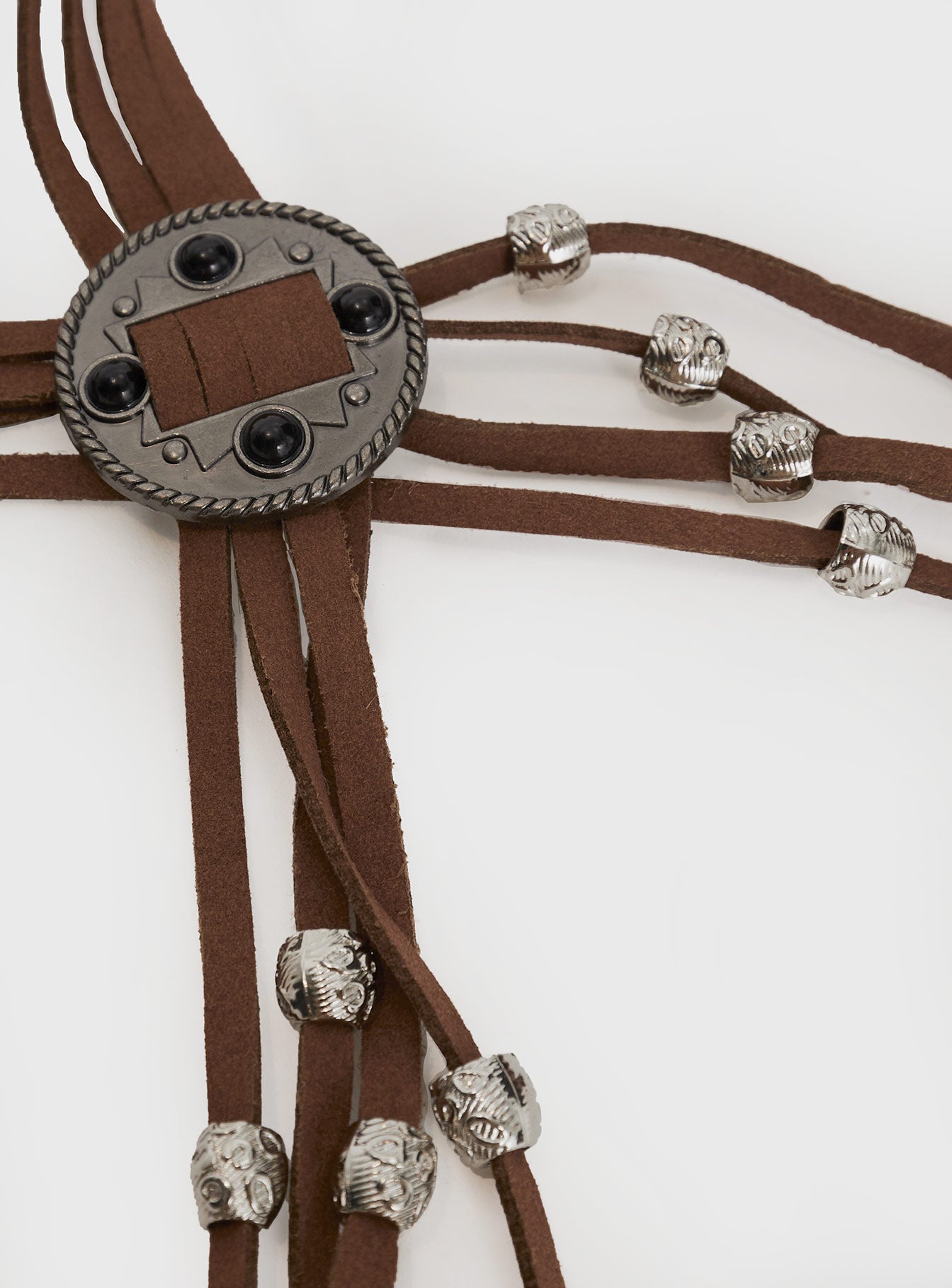 Faux suede belt Silver-toned hardware, fringe ends, tie fastening, adjustable length