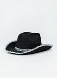 Cowboy hat 50% polyester 50% acrylic Faux felt material  Sequin rim & headband  Stiff curved brim  OSFM 