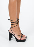 Black heels Faux leather material Strappy upper Square toe Block heel Padded footbed
