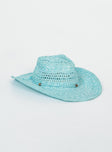 Blue cowgirl hat 100% paper Woven straw Curved wide brim  Tie detail around head Mouldable brim shape Bead detail Adjustable inner band