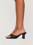 Faux leather heel Square toe, woven single strap upper, stiletto heel