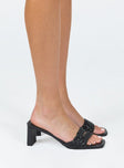 Black heels Faux leather material  Woven upper  Square toe  Shaved block heel  Padded footbed 