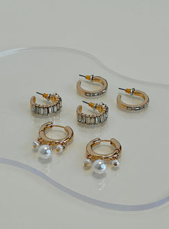 Earring pack Three sets Hoop fastening Diamante and pearl detail