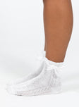 White socks Crew style Bow detail Good stretch Frill cuff