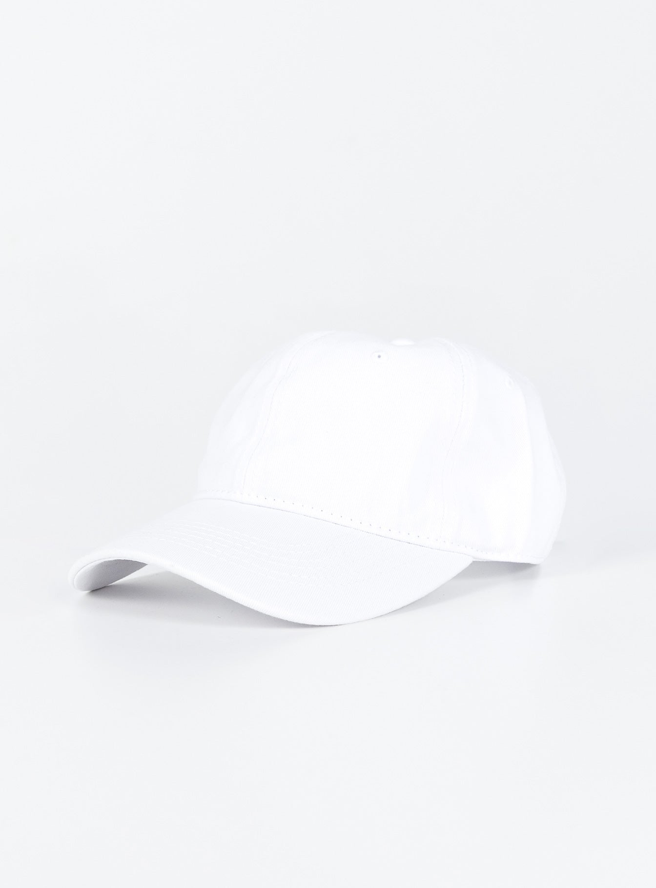 White cotton cap Adjustable strap at back Curved brim