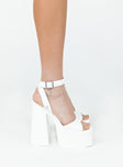 Heels  Faux leather material  Single upper  Ankle strap  Silver-toned buckle  Platform base  Square toe  Block heel 