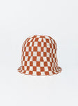 Brown and white bucket hat Knit material Check print No brim Non-stretch