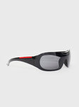 Sunglasses Molded nose bridge, smoke tinted lens, thick arms with red detail