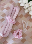 Heatless curl pack Pack of four items Silk material  Two scrunchies Transparent hair clip Foam headpiece