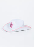 Cowboy hat Felt look material  Sequin brim & star  Adjustable rope chin strap  Stiff brim 
