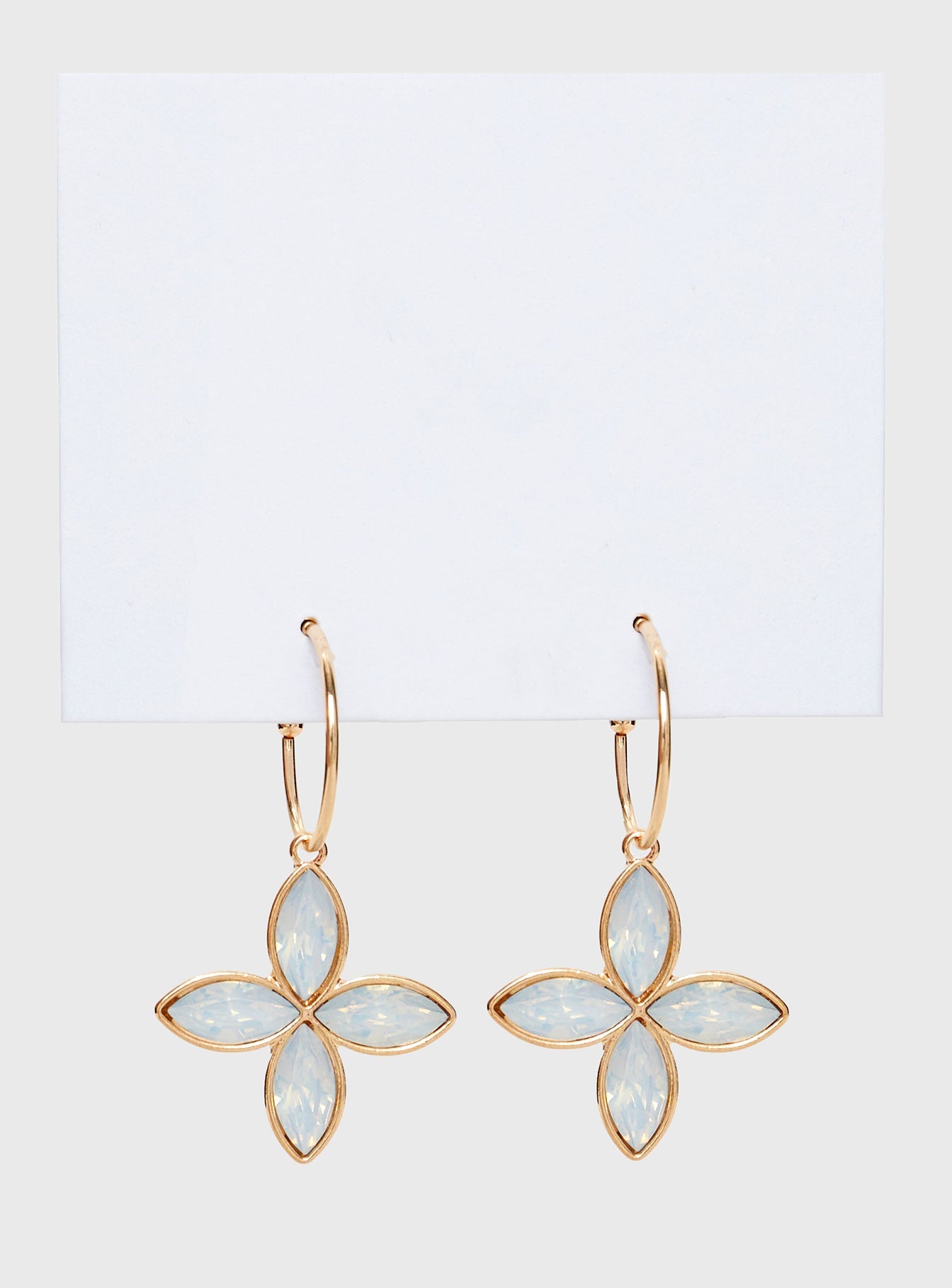 Earrings Hoop style, gold toned, flower pendant with gem stone detail, stud fastening