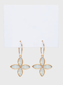 Earrings Hoop style, gold toned, flower pendant with gem stone detail, stud fastening