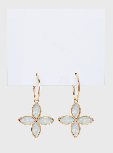 Earrings Hoop style, gold toned, flower pendant with gem stone detail, stud fastening
