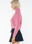 Cable knit cropped sweater, mock neck Good stretch, unlined