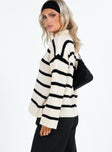 Sweater Knit material Striped print Classic collar V neckline Drop shoulder Good stretch Unlined 