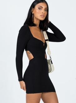 Long sleeve mini dress Slim fitting  Princess Polly Exclusive Outer: 95% rayon 5% elastane  Lining: 95% polyester 5% elastane  Wide neckline  Silver-toned heart ring at bust  Keyhole cut out  Open back 