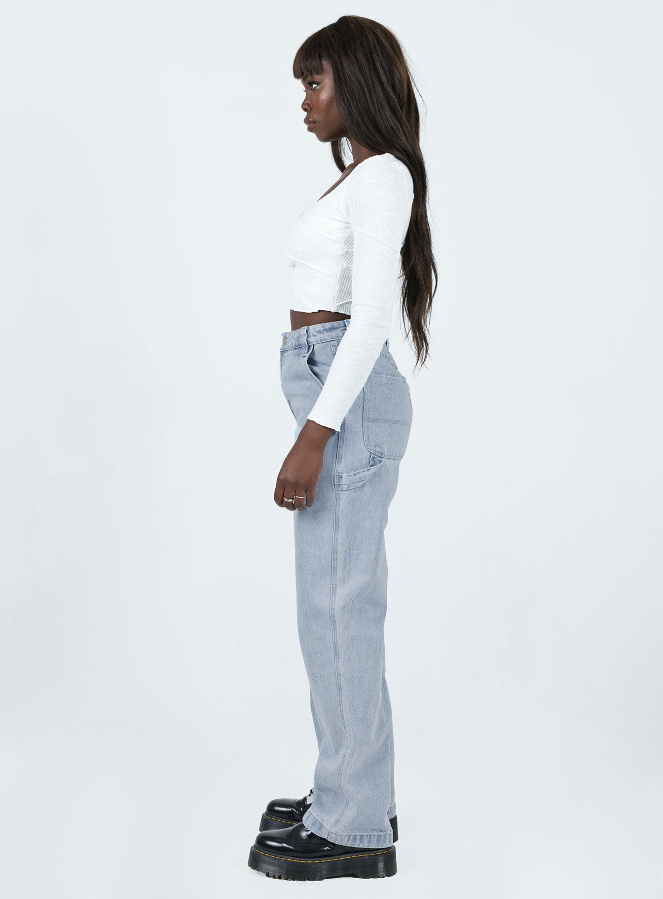 Jeans Light wash denim Belt looped waist Five-pocket design Zip & button fastening Mid-rise Branded patch on back Wide leg