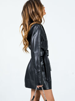 PU Mini dress Contrast stitching  Lapel collar  Press button fastening  Four front pockets  Removable & adjustable waist belt  Belt looped waist 