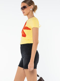 High rise black denim shorts Belt looped waist, classic five-pocket design, branded patch at back, raw edge hem