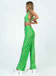 Green matching set Silky material  Pleated detail  Crop top  Plunging neckline  High waisted pants  Elasticated waistband  Wide leg 