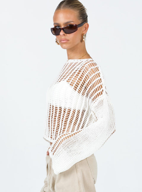 Sweater  Relaxed fit  100% polyester Mesh stitch crochet  Delicate material - wear with care  Wide neckline  Drop shoulder 