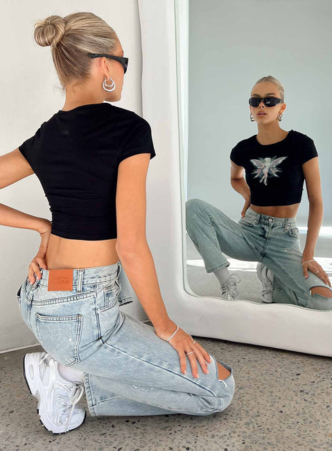 Jeans Light wash denim Paint splatter detail Belt looped waist Classic five-pocket design Zip & button fastening High waisted Ripped knees