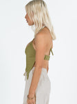 Green crop top Textured material Halter neck tie fastening Adjustable coverage Clasp fastening at back Elasticated back strap Layered double pointed hem Good stretch  Lined bust 