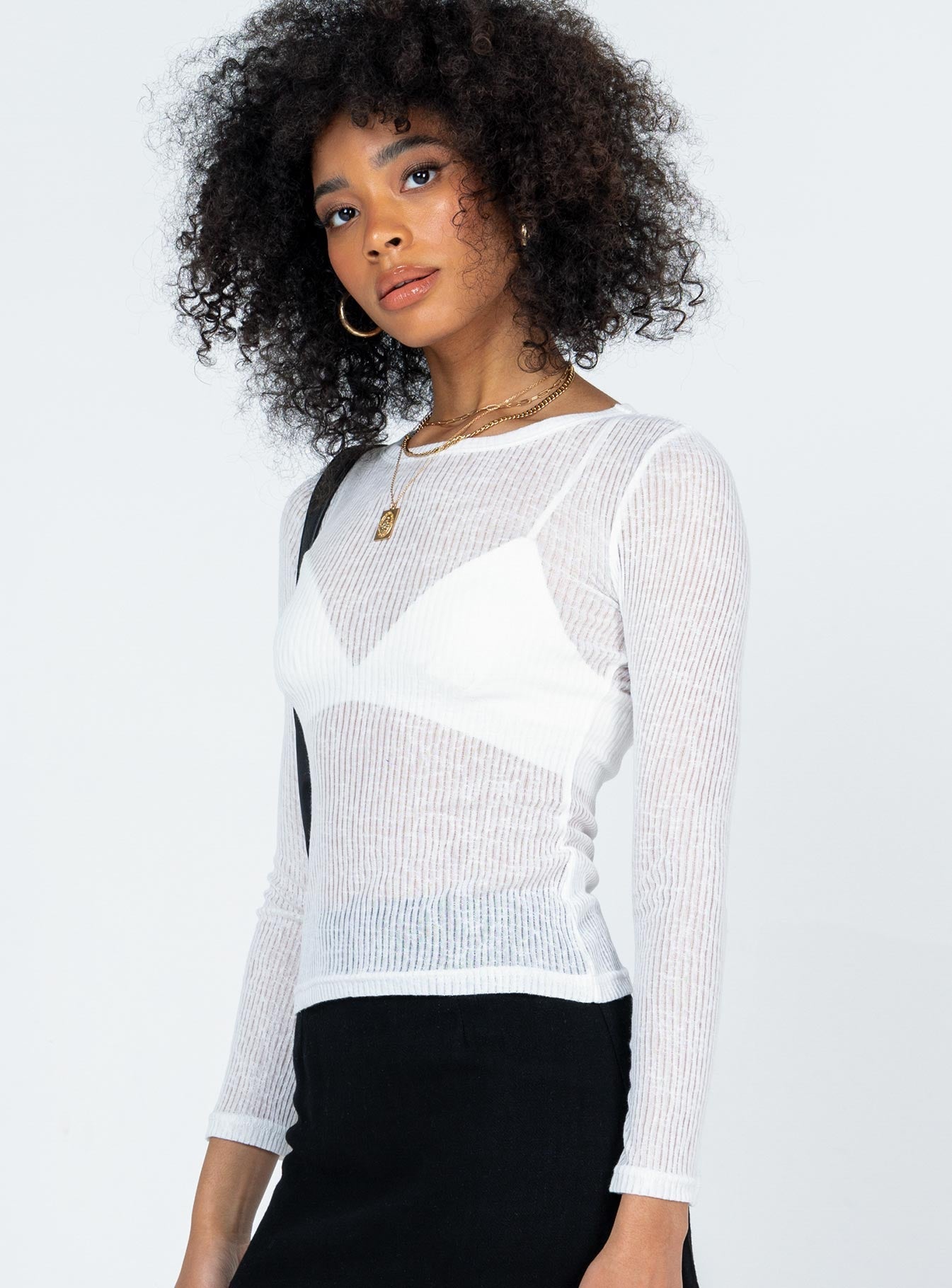 Long sleeve top  Slim fitting  Princess Polly Exclusive 75% polyester 25% rayon Sheer ribbed material  Good stretch  Unlined   