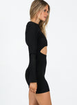 Black long sleeve mini dress Knitted material Ribbed collar Cut outs on front Good Stretch Unlined 