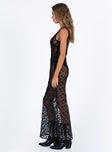 Black maxi dress Sheer mesh material Floral detail Scooped neckline Invisible zip fastening at side