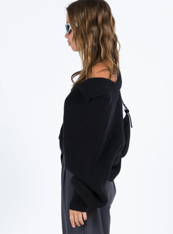 Black sweater Soft knit material V neckline Oversized collar Balloon style sleeves Drop shoulder Unlined