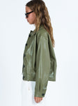 Green jacket Faux leather jacket Pointed collar Button fastening at front Twin hip pockets Single button cuff