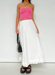 White maxi skirt Thin elasticated band at waist Button fastening at back