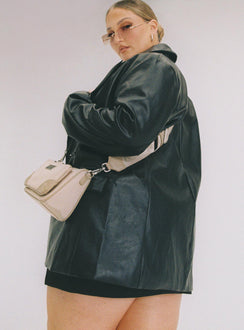 Black blazer relaxed fit Faux leather material Lapel collar Button front fastening Twin front pockets