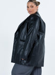 Black blazer Faux leather material Twin front pockets Padded shoulders Fully lined