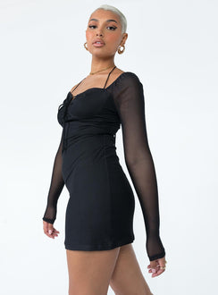 Long sleeve mini dress Sheer mesh sleeves  Halter neck tie fastening  Adjustable tie at bust 