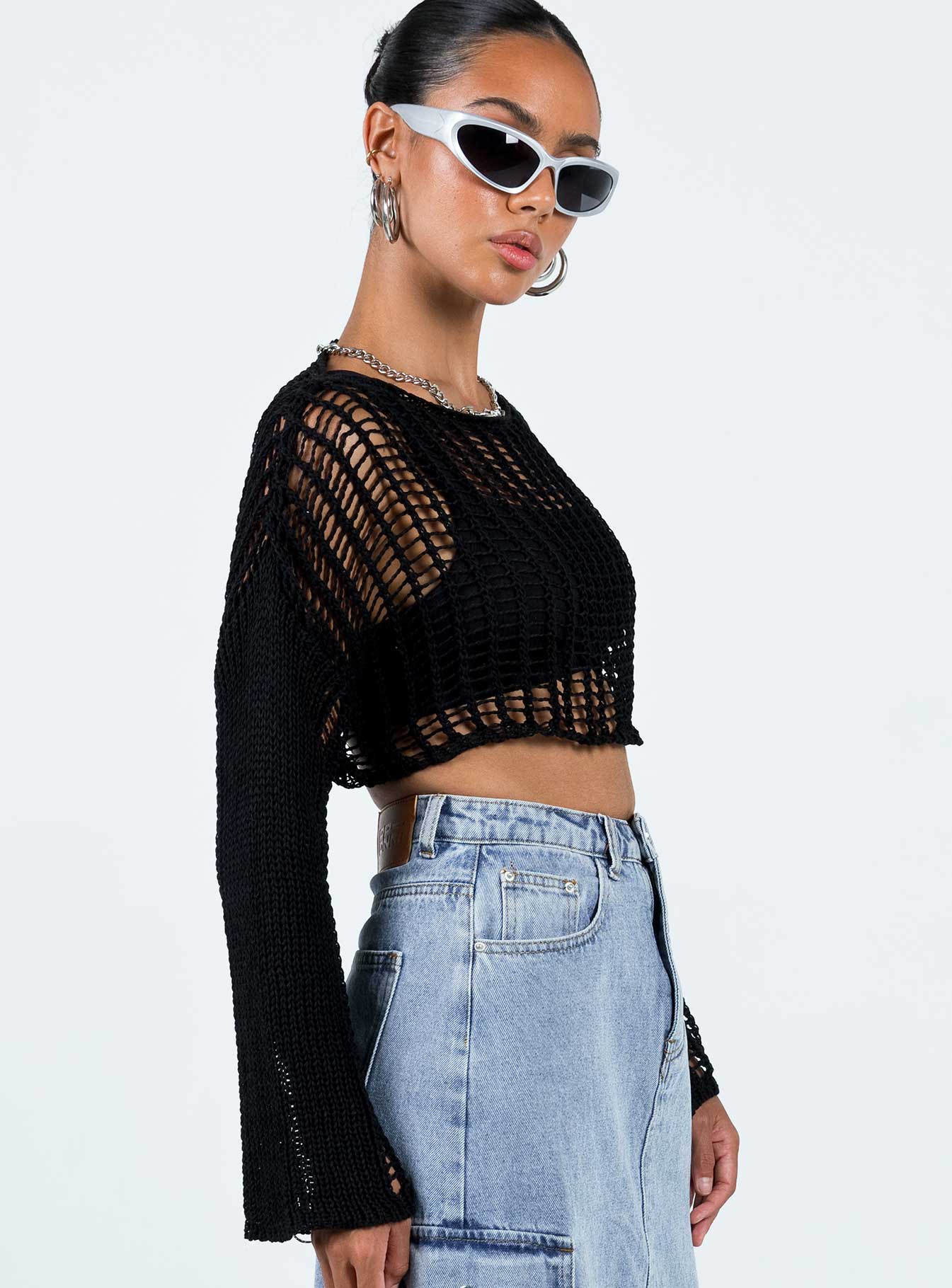 Cropped sweater Mesh crochet material Wide neckline  Drop shoulder  Good stretch  Unlined 