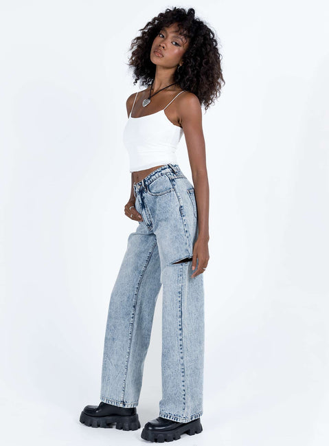 Jeans Mid wash denim High rise Belt looped waist Zip and button fastening  Classic five-pocket design Branded patch at back Rip at thigh Wide leg