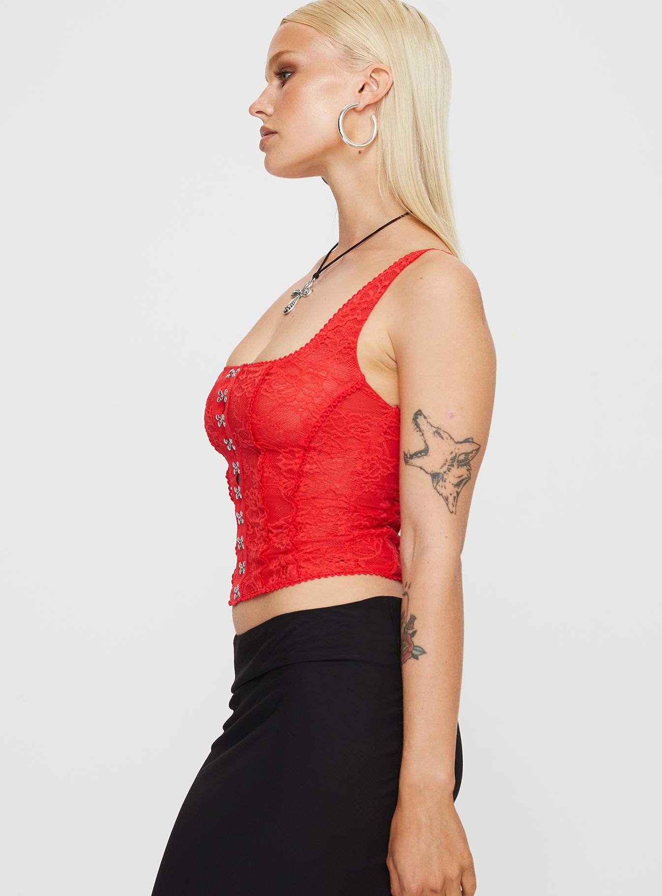 Red Top Slim fitting lace material square neckline hook and eye fastening at front