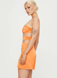 Orange Strapless satin mini dress  Elasticated band at bust pleated throughout cutouts at side