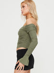 Long sleeve top Slim fitting, mesh material, off-the-shoulder design Ruched throughout Good stretch, fully lined