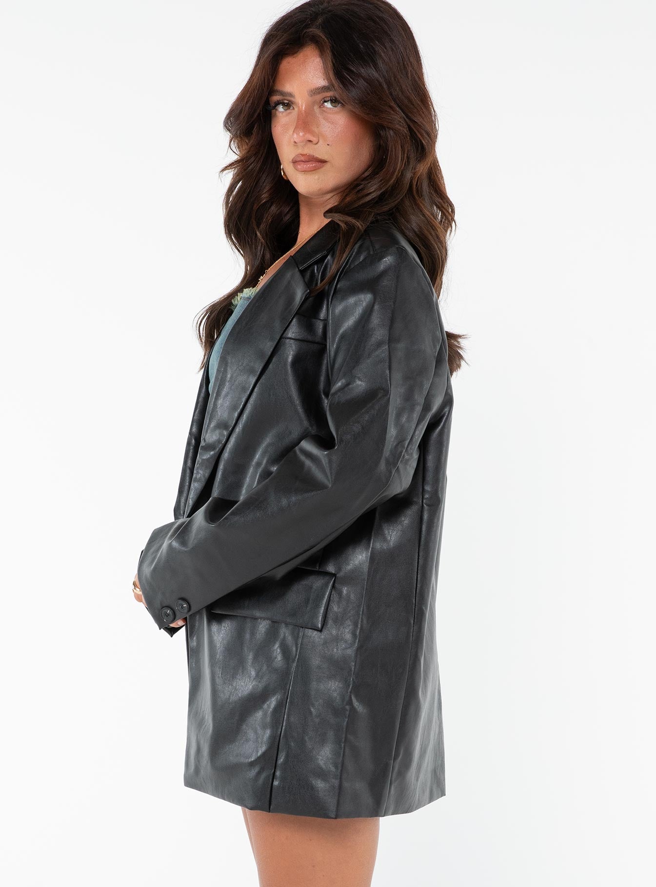 Blazer Faux leather Twin front pockets Padded shoulders Fully lined