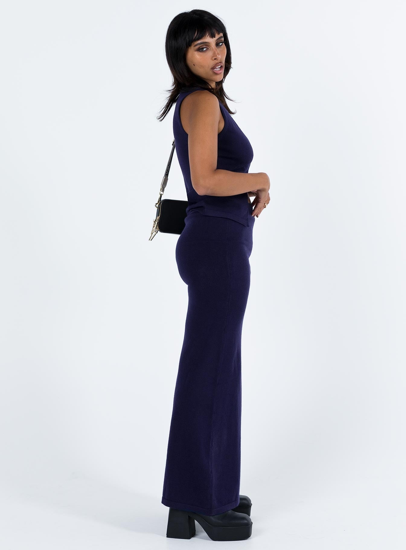 Navy matching set Soft knit material Vest top V neckline Hook AND eye fastening at front Split hem Maxi skirt Thick elasticated waistband 