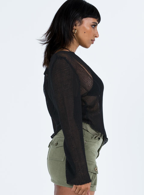 Sweater Sheer knit material Wide neckline Asymmetrical hem Good stretch Unlined 