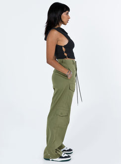 Cargo pants High rise Belt looped waist Zip and button fastening Drawstring at waist Seven pocket design Faux back pockets Straight leg