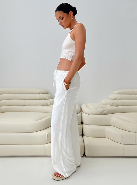 Linen pants, high rise Elasticated waistband, tie fastening drawstring, wide leg